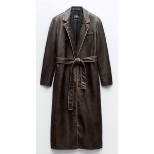 ZARA | DISTRESSED FAUX LEATHER COAT DARK BROWN BELTED size XL